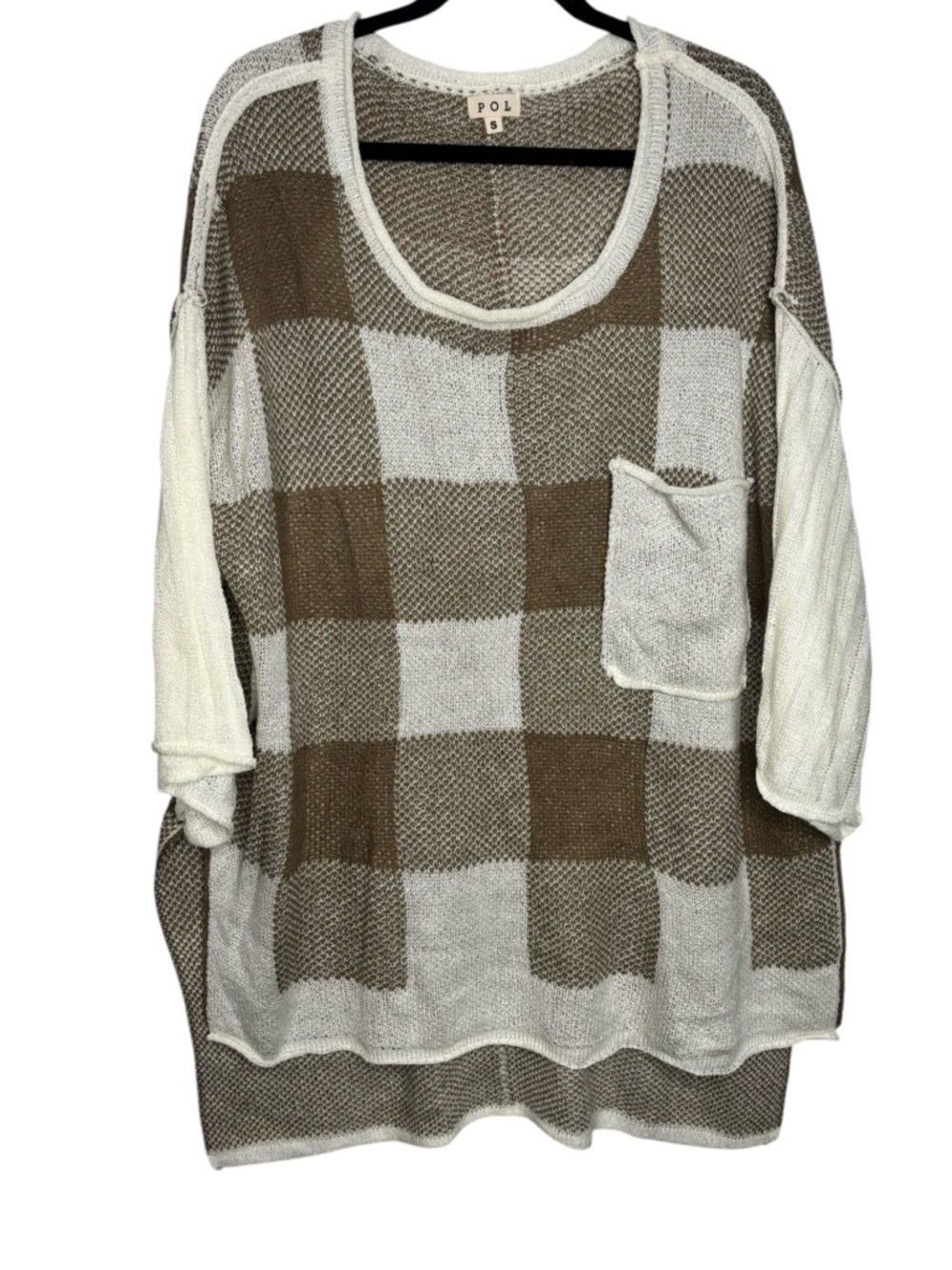 POL Oversized White And Brown Checkered Knit Sweater Dress Tunic Women’s Small